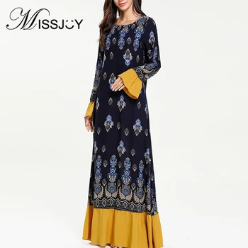 

MISSJOY 2019 New Patchwork Ruffle Abaya Long Women Dresses Muslim Turkish Printed O-Neck Casual Plus Size Robe Female Malaysia