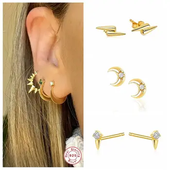 

100% 925 Sterling Silver Minimalist Moon Rivet MINI Stud Earrings For Ladies Woman Girls Small Earring Fine Jewerly Accessories