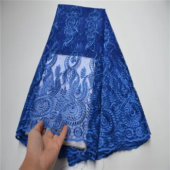 

Royal Blue African French Lace Fabric Latest High Quality African Tull Lace Fabric For Party Embroidered Bead Lace Fabric