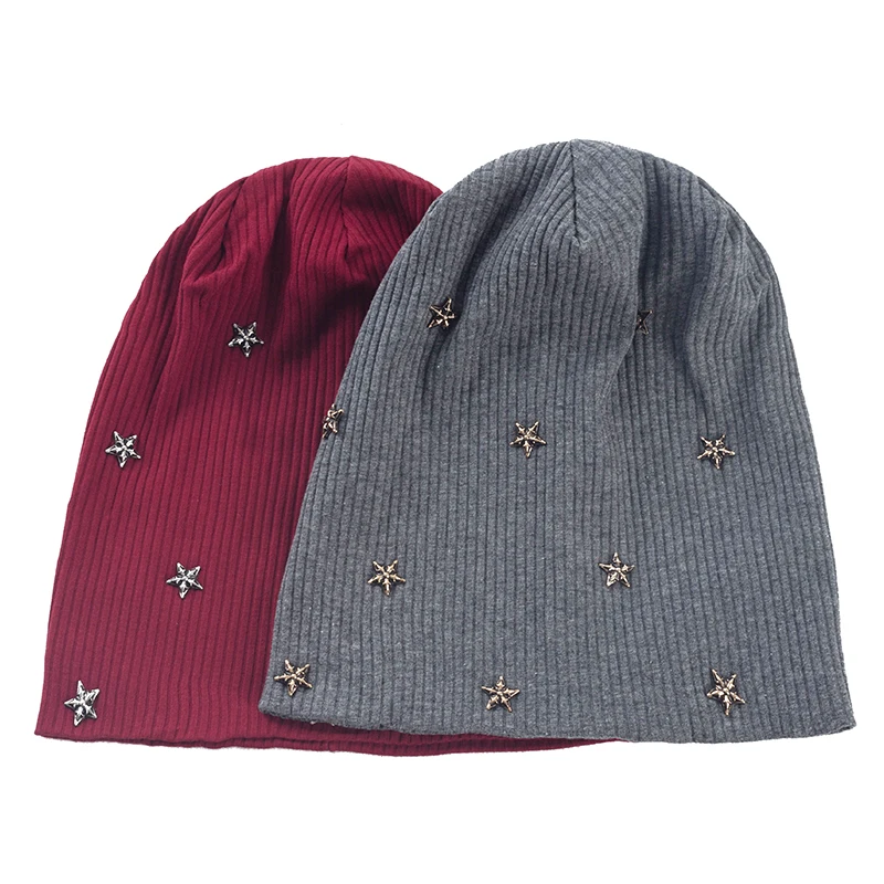 Geebro Women Star Ribbed knitted Cotton skullies Beanie Casual Soft Design Solid Bonnets hat Ladies Slouchy Hat Wholesale 4