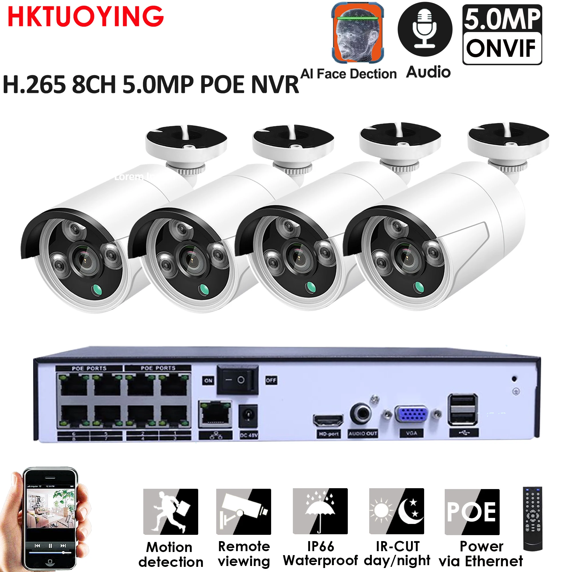H.265 + 8CH 5MP POE Система безопасности комплект аудио записи Rj45 5MPIP камера Открытый