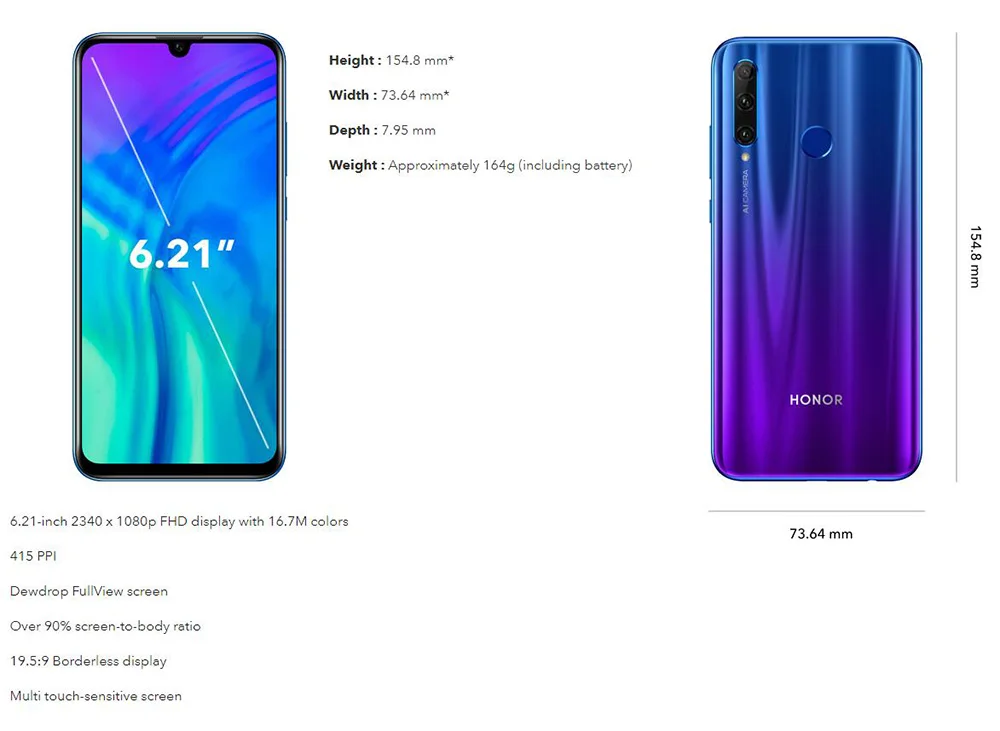 Глобальная версия Honor 20 Lite, две sim-карты, 4 Гб, 128 ГБ, мобильный телефон, четыре ядра, 6,21 дюймов, тройная камера 24 МП, фронтальная 32 МП, 4G LTE, смартфон