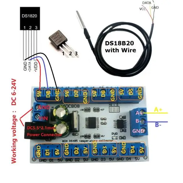 

8-channel RS485 DS18B20 sensor board Modbus RTU paperless recorder PLC r4dcb08