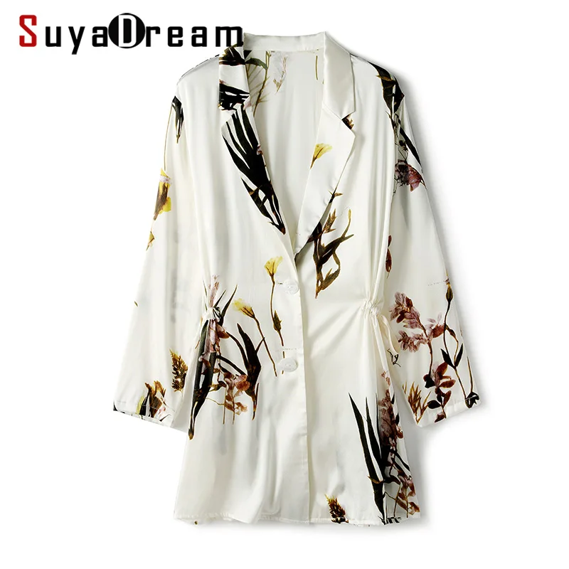 

Women Print Long Blazers 100%Silk 3/4 Sleeved Office Lady Blazer 2019 NEW Fall Winter Out wear
