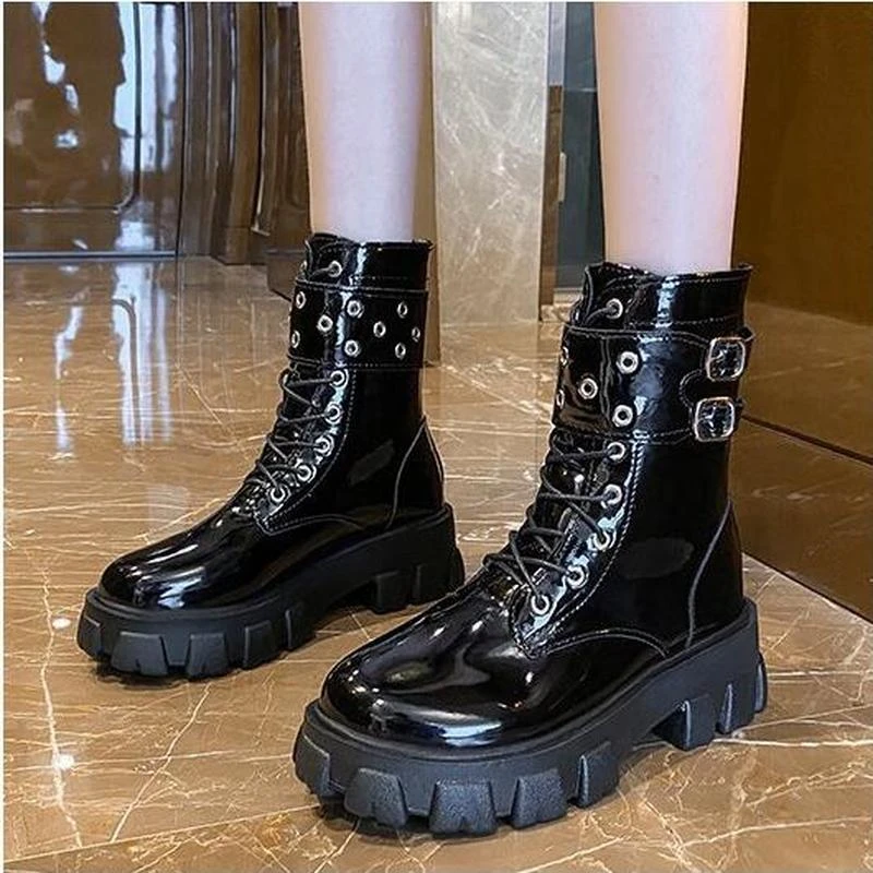 Botas de plataforma de charol mujer, botines con remaches, estilo Punk, de tacón de bloque, gótico, otoño|Botas hasta el tobillo| - AliExpress