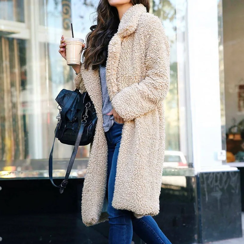 Женское пальто из смешанной ткани, длинное женское пальто на осень и зиму, плюшевое пальто, верхняя одежда размера плюс, пальто-кардиган с отложным воротником, Montau Femme - Цвет: B Light apricot