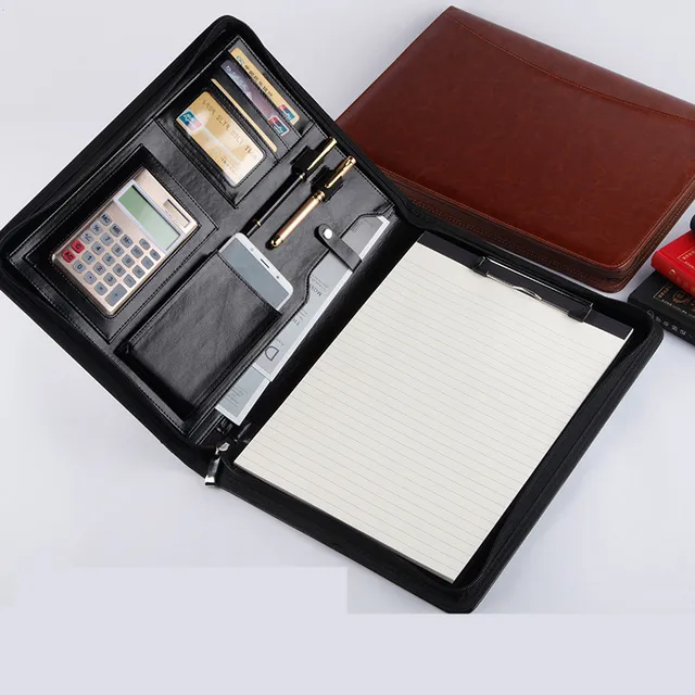 $17.9 A4 Business PU Leather Zipper Document Bag Manager Card Pen-phone Holder Conference Calculator Folder School Office Stationery