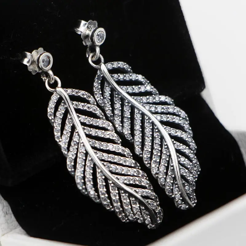 

Authentic 925 Sterling Silver Statement Feathers With Crystal Stud Earrings For Women Wedding Party fit Lady Fine Jewelry