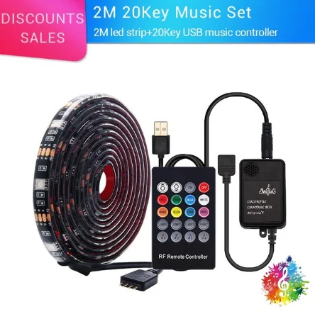 1 комплект RGB 5050 Светодиодная лента 0,5 m/1 m/2 m 30 светодиодный s/m DC5V Светодиодная лента с водонепроницаемым 20Key RF музыкальным пультом дистанционного управления для украшения - Испускаемый цвет: 2M 60LEDs set