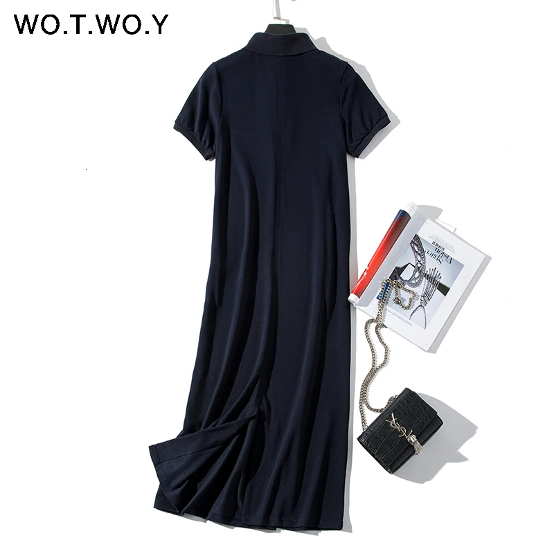 WOTWOY Bee Print Long Knee-Length Shirt Dresses Women Casual Turn-down Polo Straight Dress Female Pockets Cotton Clothes