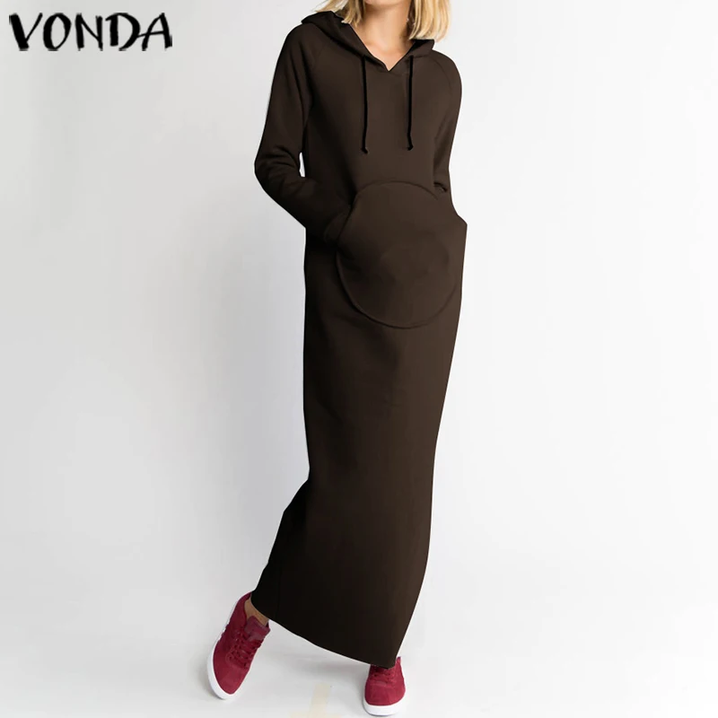 Осеннее Однотонное Платье макси с длинным рукавом VONDA, женские повседневные свободные толстовки, толстовка с капюшоном, Платья для вечеринок размера плюс
