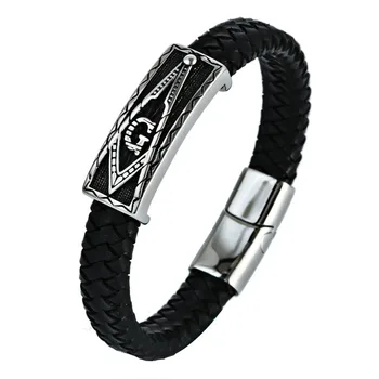 

Simple Free-Masonry Bracelet for Men Boy Hand-Made Braided Leather Bangle Charm Magnetic Wristband Male Jewelry