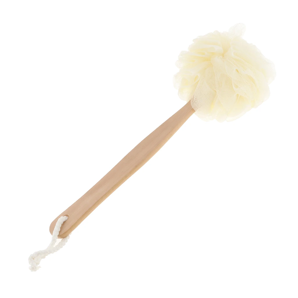 Длинная ручка сетка Pouf губка для ванной, душа тела и спины скруббер на палочке с деревянной ручкой для мужчин и женщин, легко достигать - Цвет: White