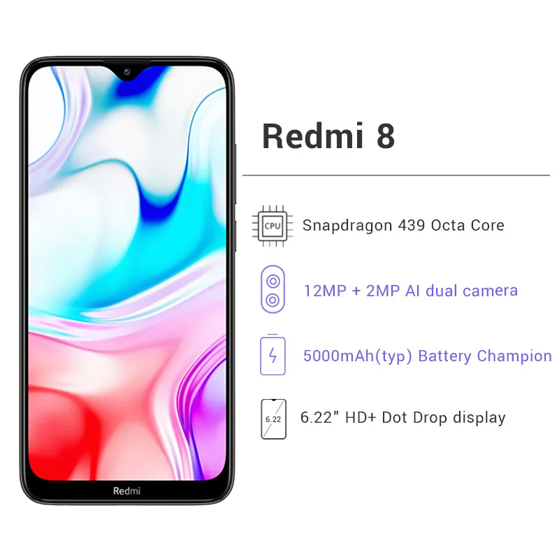 Смартфон Xiaomi Redmi 8 с глобальной прошивкой, 32 ГБ, 3 Гб, Восьмиядерный процессор Snapdragon 439, аккумулятор 5000 мАч, двойная камера 12 МП, экран 6,22 дюйма, CE