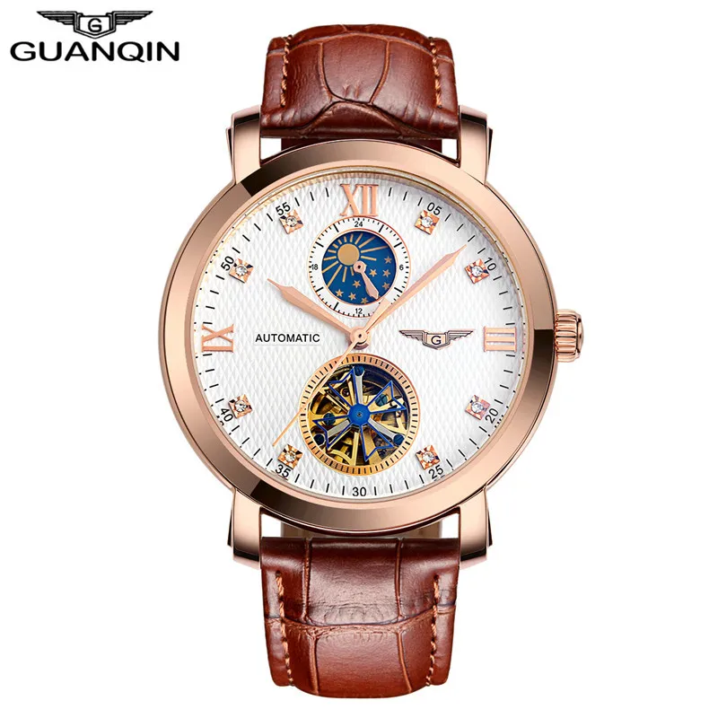 GUANQIN GJ16019 Moon phase Мужские наручные часы Tourbillon часы Sun& Moon военные часы мужские кожаные противоударные водонепроницаемые наручные часы - Цвет: Золотой