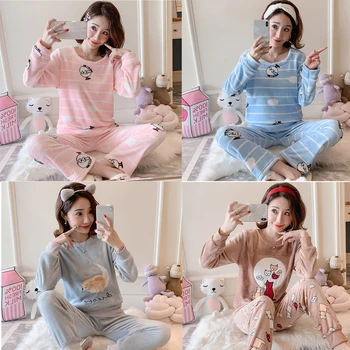 

2019 Women Pajamas Sets Coral Velvet Sleepwear Winter Autumn Flannel Pijamas Mujer Pyjamas Homewear Girls Full Sleeve Pajamas