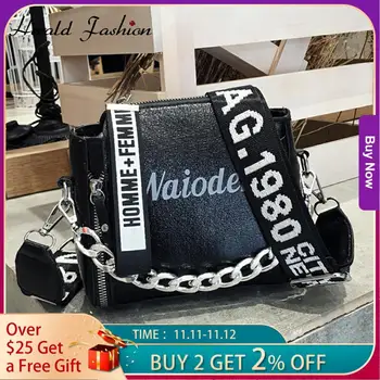 

Fashion Tide Ladies Letter Crossbody Bag Wide Strap Chains Shoulder Messenger Bag Women Casual Style Exquisite Design Lady Bag