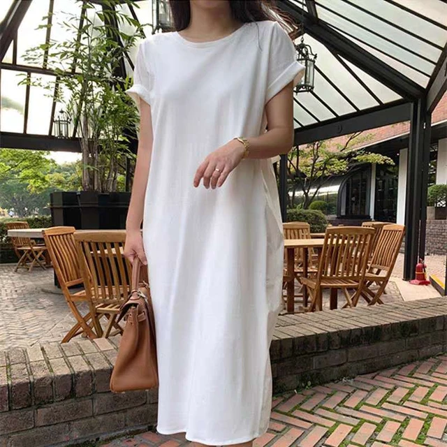 LANMREM Women's White Back Bow Mid-length Dress New Round Neck Short Sleeve Loose Fit Fashion Trendy Summer 2022 2E1315