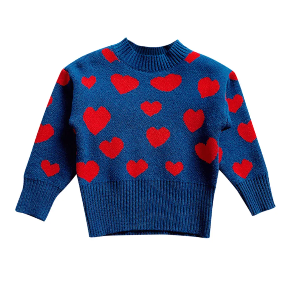 Детский осенний свитер с длинными рукавами для маленьких девочек вязаный свитер с рисунком сердца для девочек, зимняя одежда с длинными рукавами для маленьких девочек - Цвет: Blue