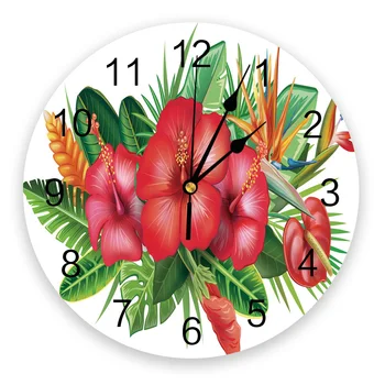 

Circular Wall Clock Tropical Plant Flowers Leaves Wall Clock Home Decor Bedroom Silent Oclock Watch Wall for Living Room