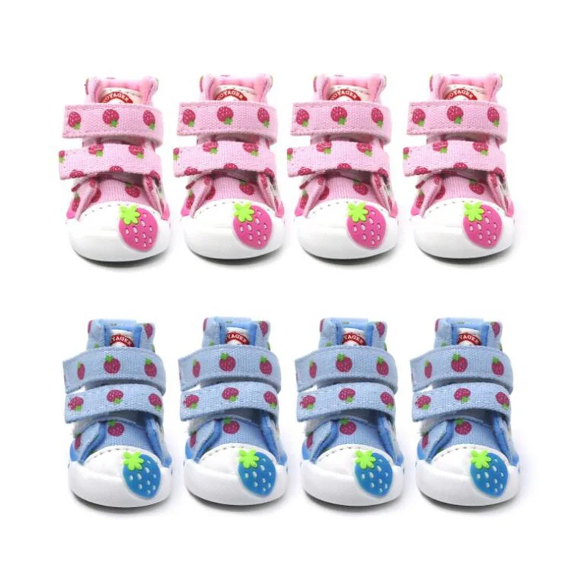 

4Pcs/set Canvas Strawberry Dogs Shoes Breathable Pet Dog Spring Autumn Footwear For Small Medium Dog Bomei Sneakers XS S M L XL