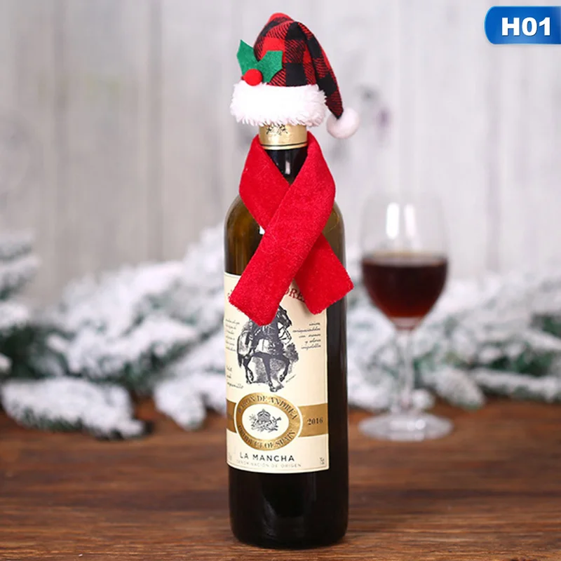 1 комплект Рождественская бутылка вина крышка Санта-Клаус шляпа рождественские украшения обертка для бутылки шарф вечерние украшения - Color: 01