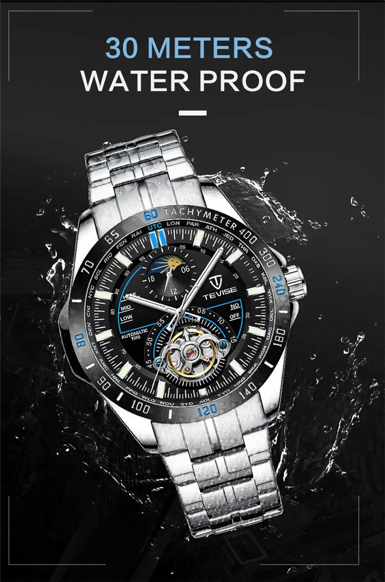 Tevise автоматические механические мужские часы модный топ бренд спортивные наручные часы Tourbillon Moon Phase из нержавеющей стали Relogio Masculino