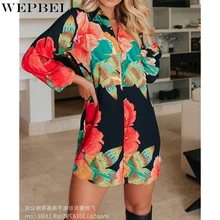 WEPBEL Fashion Loose Shirt Dress Women's Casual Floral Print Dress Autumn Single-Breasted Long Sleeve Turn-down Collar Dress