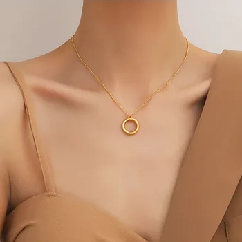 

Gold circle pendant necklace for women stainless steel O hoop minimalist elegant necklace fashion