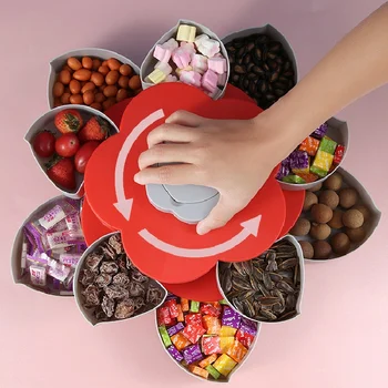 

Rotating Flower Petal Fruit Plate Creative Candy Storage Boxes Plastic Lazy Snack Nuts Dish New Year Party Wedding Food Tray
