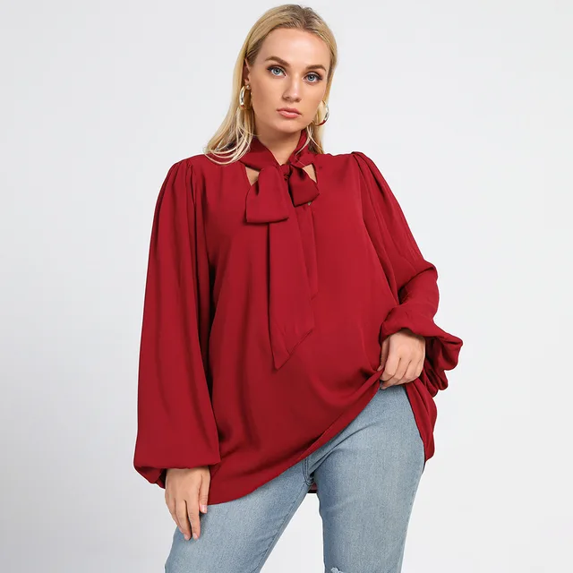 Camisa de talla grande para mujer, camisa elegante con lazo y cuello de manga larga, roja, Tops holgados de gran tamaño para mujer, primavera y otoño