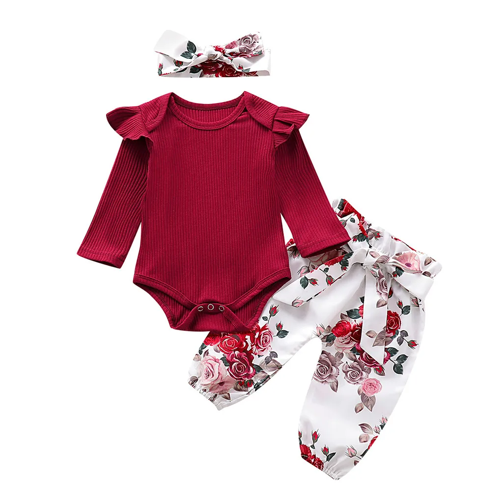 

Infant Autumn Girls Sets Girls Ruffles Long Sleeve Solid color Romper Bodysuit+Floral Pants+Headband 3pcs Baby clothes Outfits