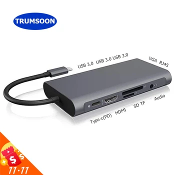 

Trumsoon USB-C to HDMI VGA RJ45 Gigabit Ethernet Adapter SD TF Card Reader USB3.0 Aux Type-C Cable for MacBook Samsung S9 Huawei