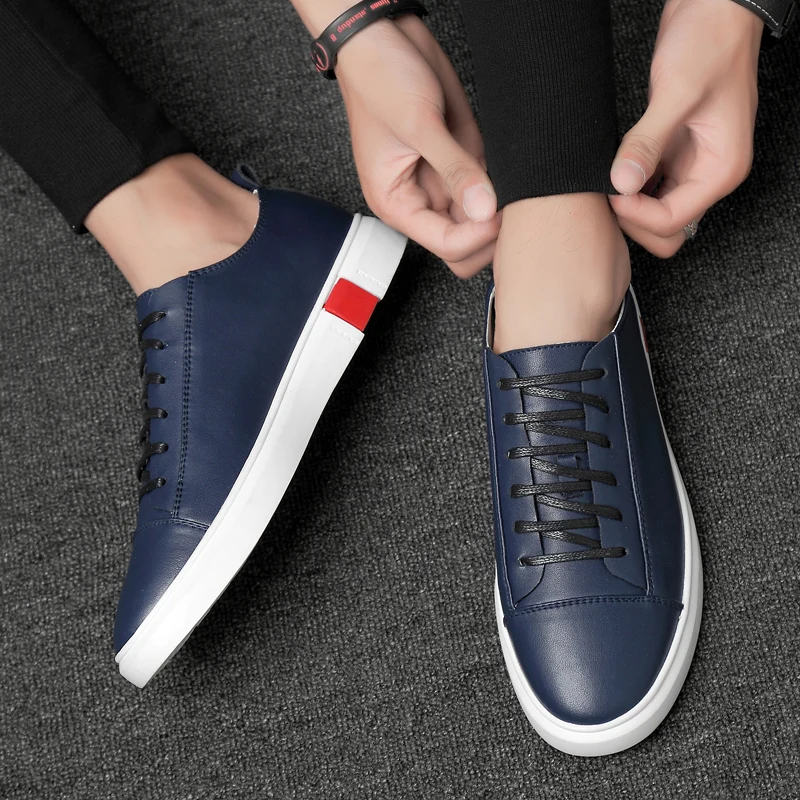 Band Sneakers Men Casual Shoes Genuine Leather shoes mens Designer solid Classic Fashion Male Lace up Flats black 36-47