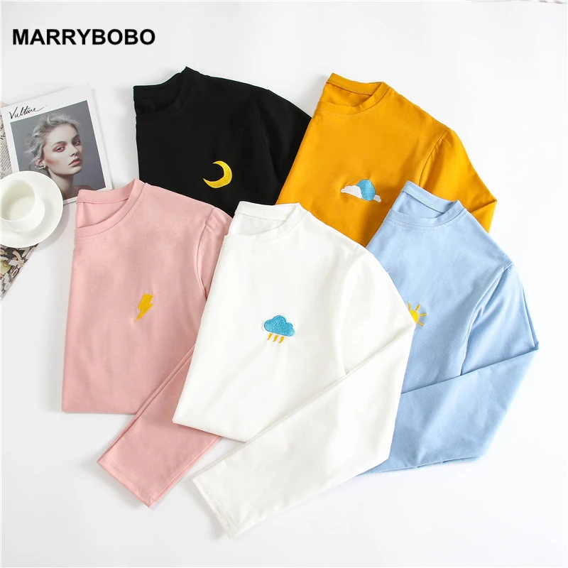 

Spring Autumn Weather Sign Embroidery Tee Shirts 2019 Casual Long Sleeve O Neck Basic Tee Tops Lady Solid Cotton Tops