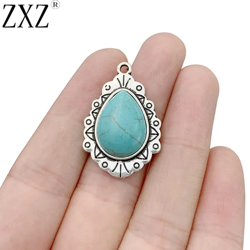 

ZXZ 10pcs Tibetan Silver Water Drop Shape Turqupise Stone Charms Pendants for Necklace Bracelet Earring Jewelry Making 32x21mm