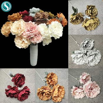 

5PCS/bag 3 heads Artificial Peony Tea Rose Flowers Camellia Silk Fake Flower flores for DIY Home Garden Wedding Decoration 75 cm