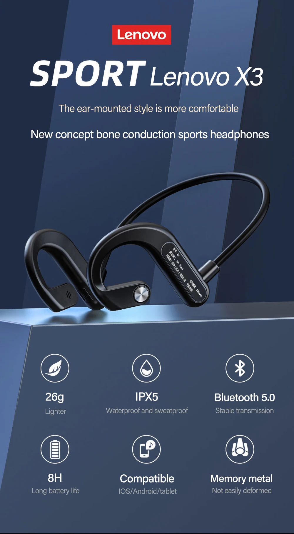 Lenovo X3 Bone Conduction Bluetooth Headphones Sport Running Headset Waterproof Wireless Earphone With Mic for Cycling Driving