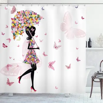 

Feminine Shower Curtain, Girl with Floral Umbrella and Dress Walking with Butterflies Inspirational Art, Cloth Fabric Bathroom
