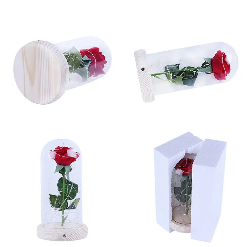 

Artificial Rose Flower with USB Powered LED Light String In Glass Dome On Wooden Base The Best Gift For Women Girls Dropship