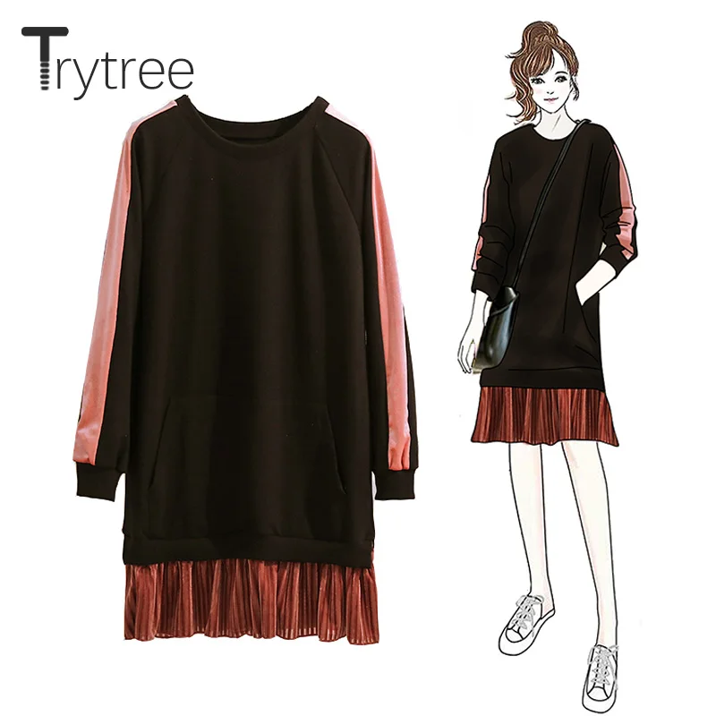 

Trytree 2019 Autumn Winter Woman Casual O-Neck Pockets Patchwork Velvet Ruffled Mini Hem Sweatshirt Dress Fashion Loose Dress