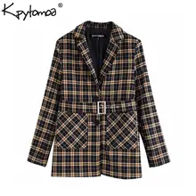 Винтажная Стильная Офисная Леди с поясом, клетчатые блейзеры, пальто для женщин, Мода, зазубренный воротник, верхняя одежда с длинными рукавами, шикарные топы