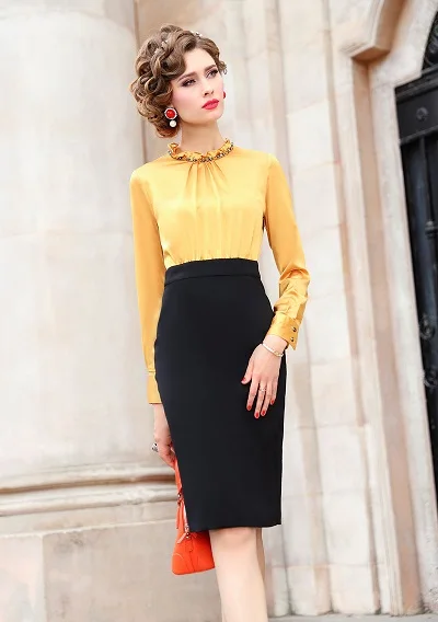 Офисная Женская посылка, облегающее платье, 3xl, новинка, Лоскутная Женская рубашка, вечерние платья размера плюс, винтажные платья до колен - Цвет: Золотой