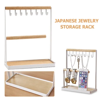 

Jewelry Organizer Display Stand Holder with Wooden Ring Tray and Hooks Storage Necklaces Bracelets, Rings, Watches Desk storage