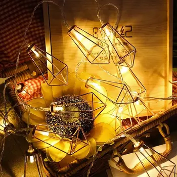 

BRELONG 50LEDs Rose Gold Geometric Metal Diamond Copper Wire Fairy Light String Metal Cage Light Battery Power