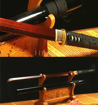 

DAMASCUS FOLDED STEE RED BLADE JAPANESE NINJA BATTLE READY SWORD BLACK SAYA