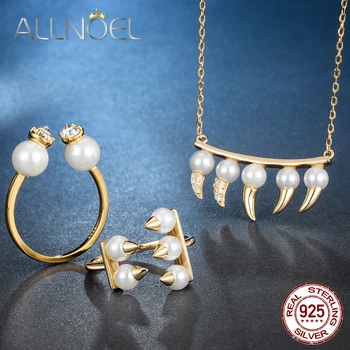 

ALLNOEL Solid 925 Sterling Silver Handmade Pearl Jewelry Set Unique Designer Jewelry Necklace Ring OX horn Gold Plated Ornament