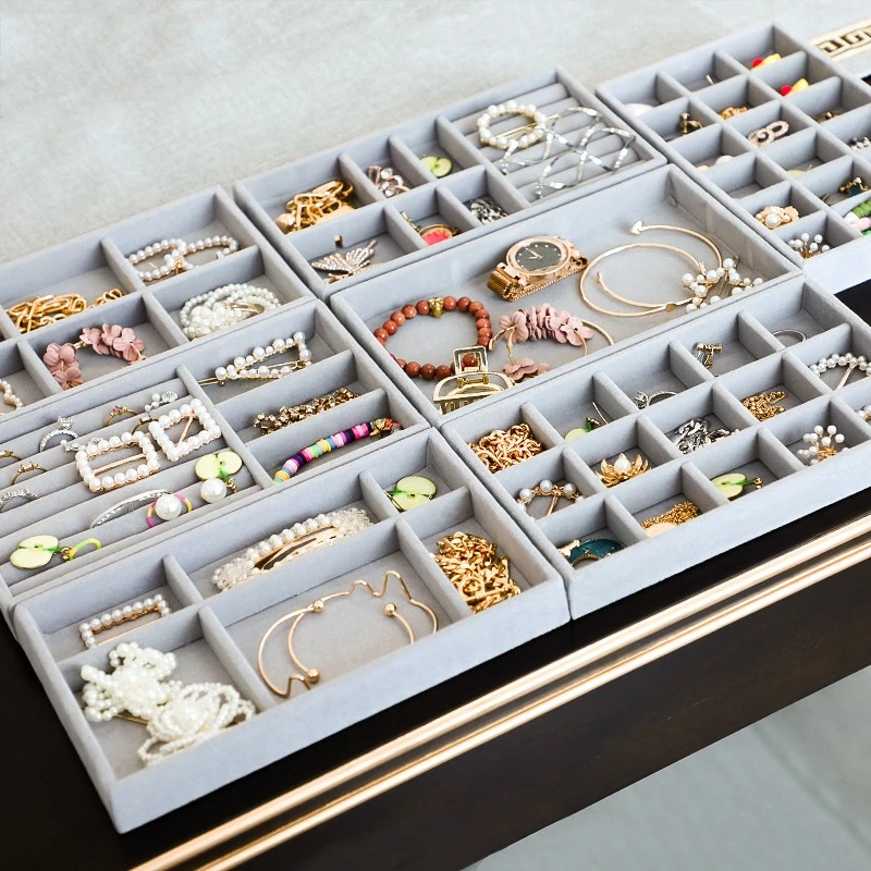 Velvet Jewelry Sorage Tray Divider Drawer Stackable Jewelry Display Case For Counter Home Ring Bracelet Earring Organizer Box
