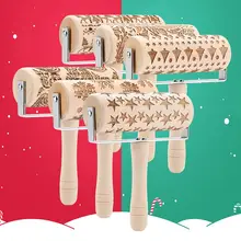 Christmas Wooden Elk Tree Snowflake Engraved Rolling Pin Embossing Dough Roller Holiday Baking Supplies