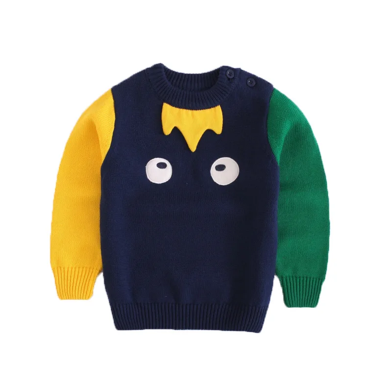 navy blue Милый свитер для маленьких мальчиков; Цвет Хит; Вязаный топ с вышитыми большими глазами; хлопок; детская одежда; трехцветный кардиган в стиле пэчворк - Цвет: navy blue